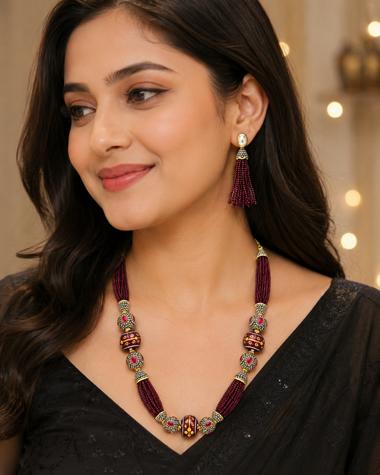 Handmade maroon Beaded Kundan Necklace Set | Traditional Bridal Jewelry | Ethnic Enamel Bead Necklace & Earrings