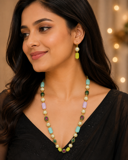 Antique Multi Color Beads Mala with earrings , natural stones necklace with earring