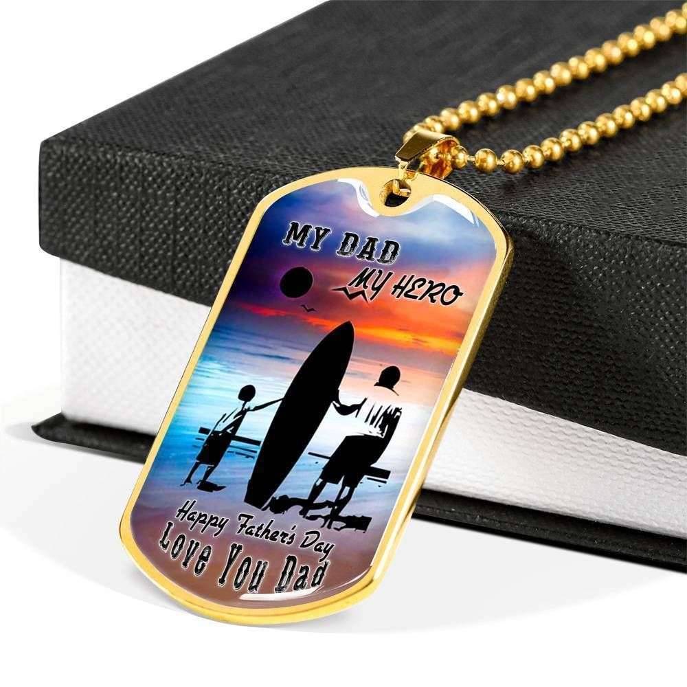 Dad Dog Tag Custom Picture Father’S Day Gift, My Dad My Hero Dog Tag Military Chain Necklace For Dad Surfer Father's Day Rakva