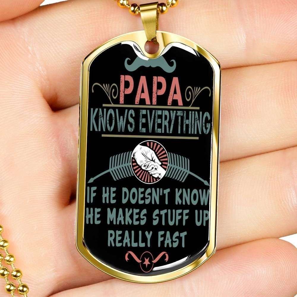 Dad Dog Tag Custom Picture Father’S Day Gift, Papa Knows Everything Dog Tag Military Chain Necklace For Dad Dog Tag Father's Day Rakva