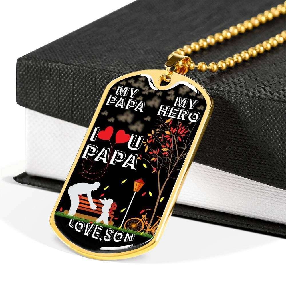 Dad Dog Tag Father’S Day Gift, My Papa My Hero Dog Tag Military Chain Necklace Gift For Papa Father's Day Rakva
