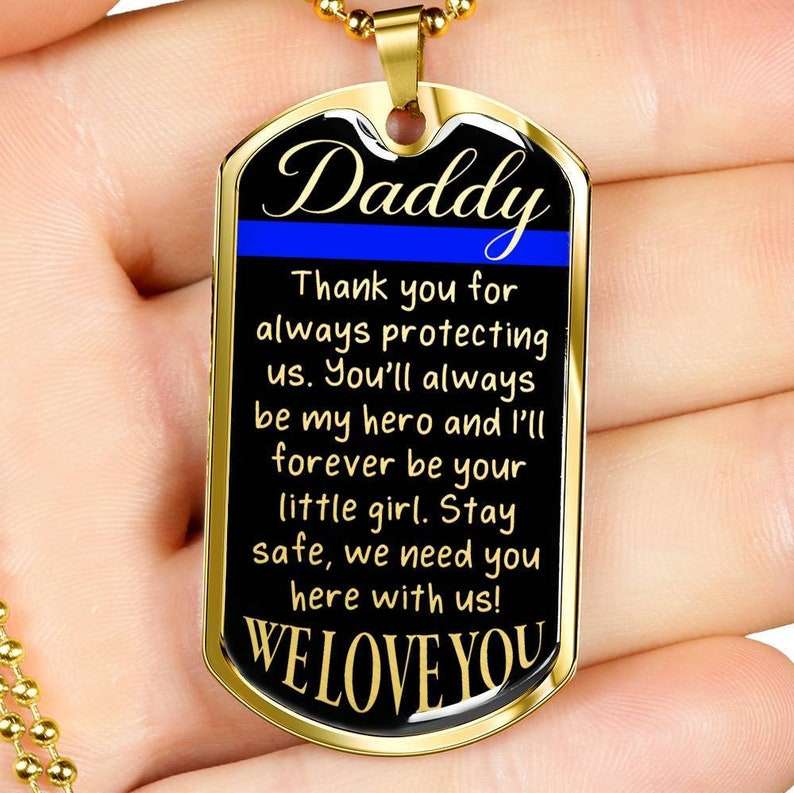 Dad Dog Tag, Personalized Police Dad Gift From Daughter, Thin Blue Line Engraved Necklace Christmas Day Rakva