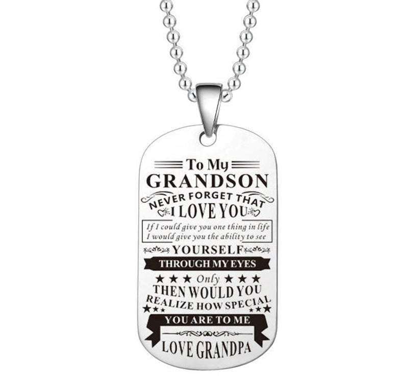 Grandson Dog Tag, Custom Gift For Grandson Dog Tag Military Chain Necklace Never Forget That I Love You Dog Tag Gifts for Grandson Rakva