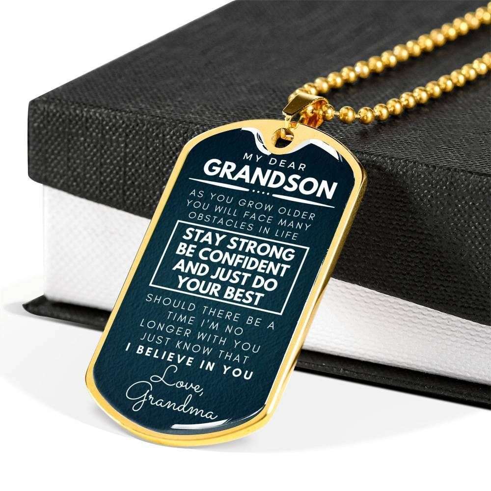 Grandson Dog Tag Custom Picture, Stay Strong Be Confident Dog Tag Military Chain Necklace For Grandson Gifts for Grandson Rakva