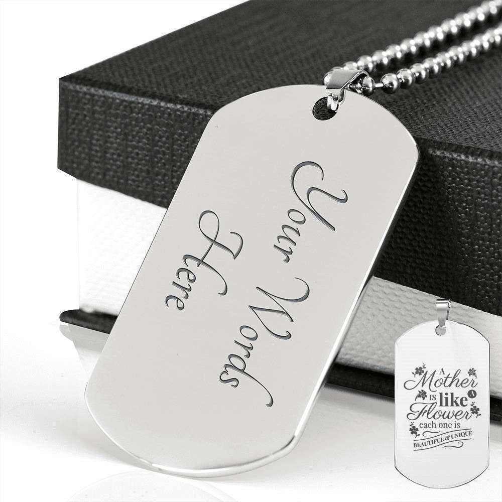 Mom Dog Tag Custom Picture, Mother’S Day Dog Tag For Mom Etched Dog Tag Necklace Silver Necklace Mother Is Like A Flower Gifts for Mother (Mom) Rakva
