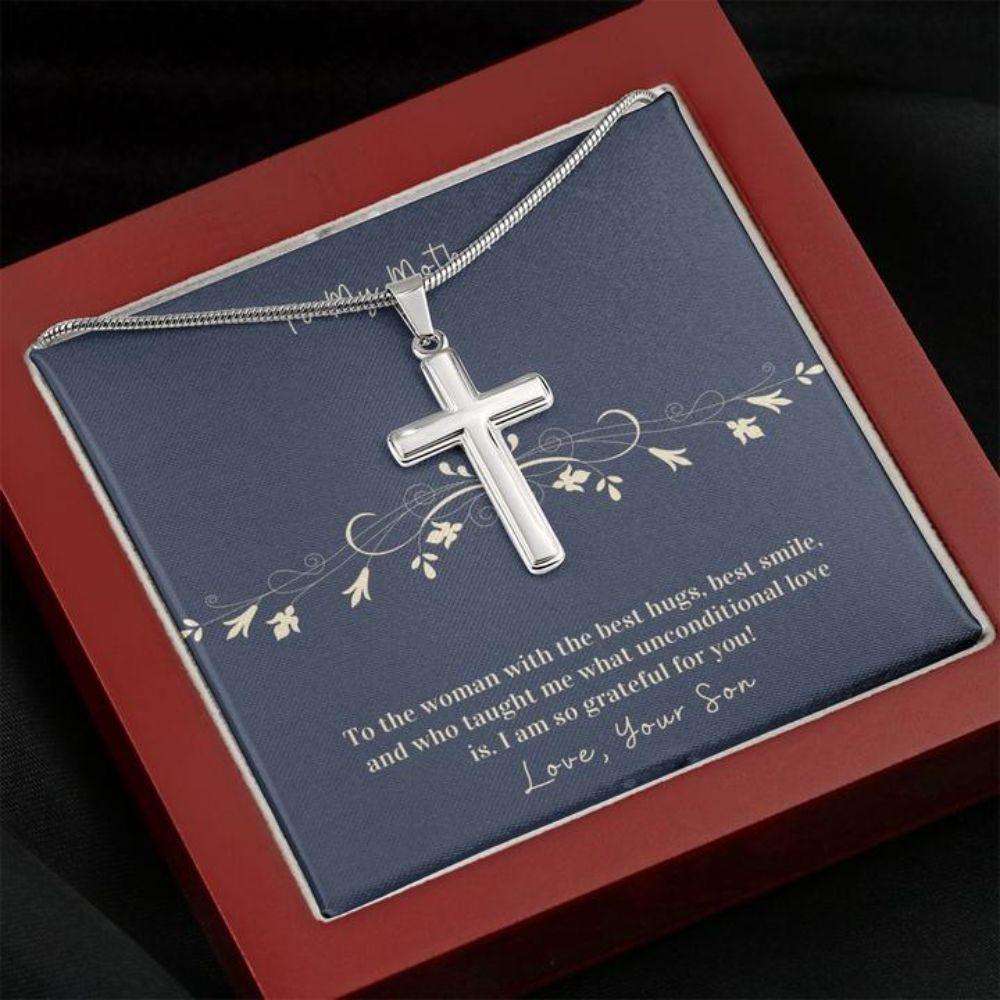 Mom Necklace, Cross Necklace Gift To Mother From Son “ Hug “ Faithful Cross Necklace “ Gift Necklace Message Card Gifts for Mother (Mom) Rakva