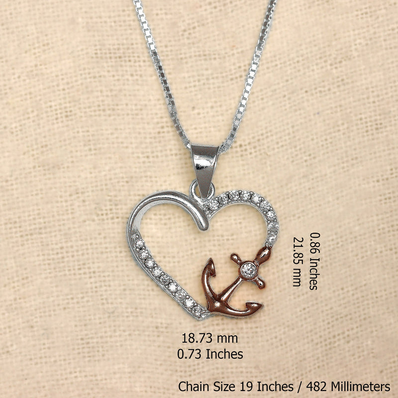 Nautical Elegance: 925 Sterling Silver Designer CZ Anchor Heart Shape Pendant Necklace with Chain for Women and Girls