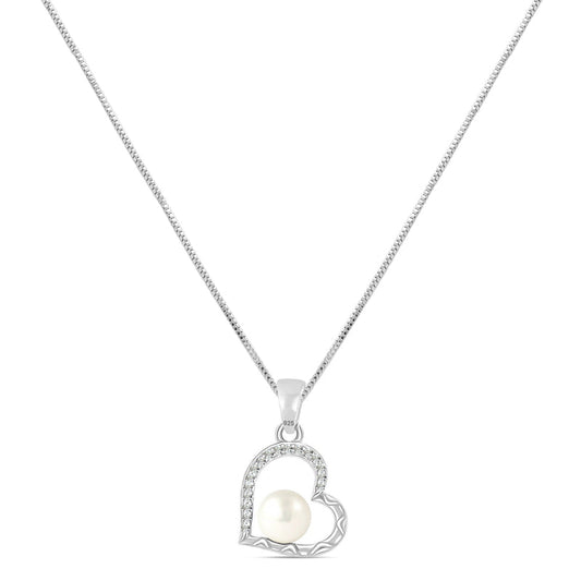 Heartfelt Sparkle: 925 Sterling Silver CZ Heart Pearl Pendant Necklace - Delicate Beauty for Women and Girls