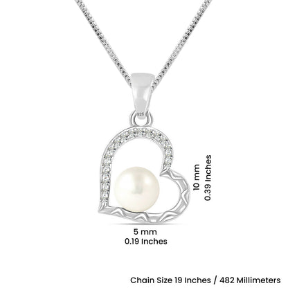 Heartfelt Sparkle: 925 Sterling Silver CZ Heart Pearl Pendant Necklace - Delicate Beauty for Women and Girls