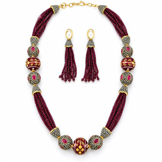 Handmade maroon Beaded Kundan Necklace Set | Traditional Bridal Jewelry | Ethnic Enamel Bead Necklace & Earrings