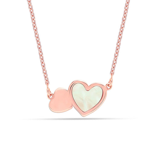 Double Hearts in Bloom: 925 Sterling Silver with Rose Gold-Plated Mother of Pearl Pendant Necklace for Women and Teens