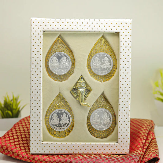 Rakva 999.9 Purity Ganesh Lakshmi ji Silver Coins With Gift Wrap For Diwali ( Pack Of 4 )
