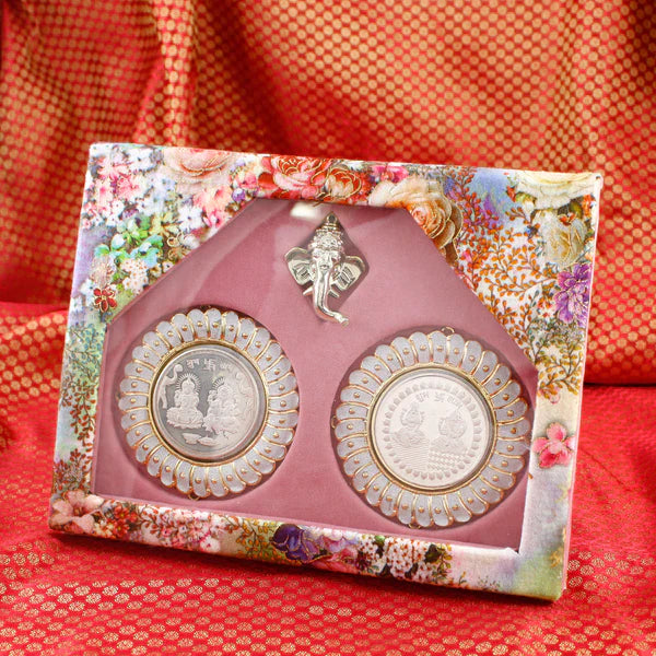 999.9 Purity Ganesh Lakshmi ji Silver Coins With Gift Wrap For Birthday and Marriage Anniversary( Pack Of 2)