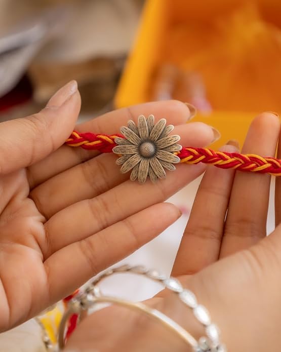 Rakva 92.5 Sterling Silver Rakhi For Brother |Flower Bracelet | 2 in 1 Brooch/Rakhi for Men and Women | With Roli Chawal Tilak for Kids