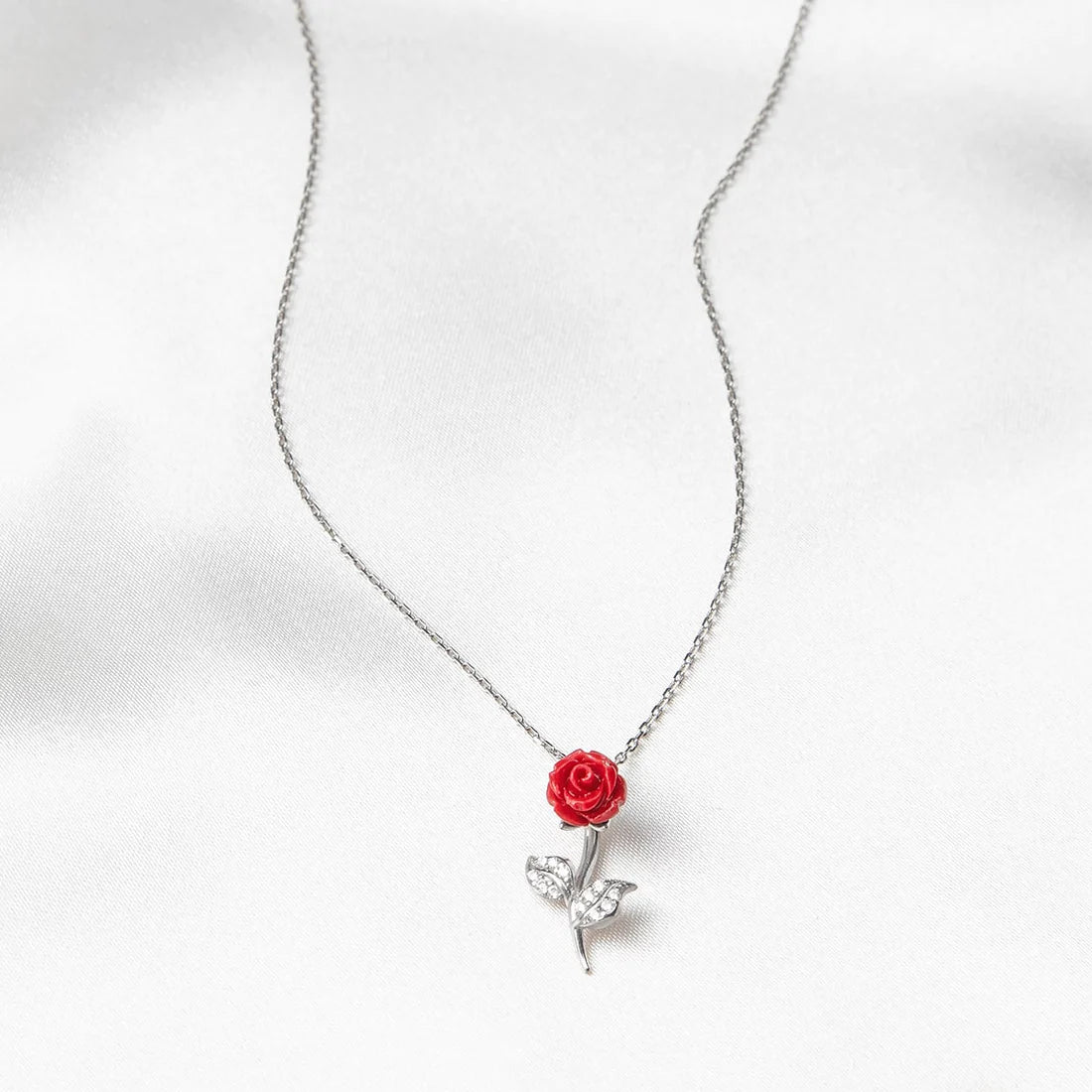Red Rose Pure Silver Pendant Necklace