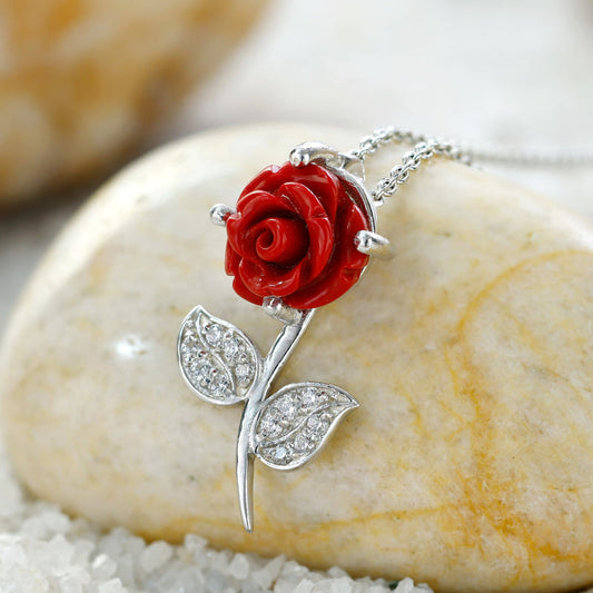 Enchanting Red Rose: Sterling Silver Pendant Necklace