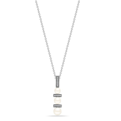 Glamorous Grace: 925 Sterling Silver Hanging Pearl with CZ Bar Necklace - A Dazzling Choice for Women and Girls