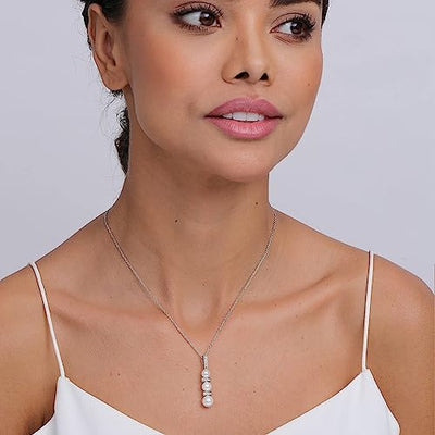 Glamorous Grace: 925 Sterling Silver Hanging Pearl with CZ Bar Necklace - A Dazzling Choice for Women and Girls