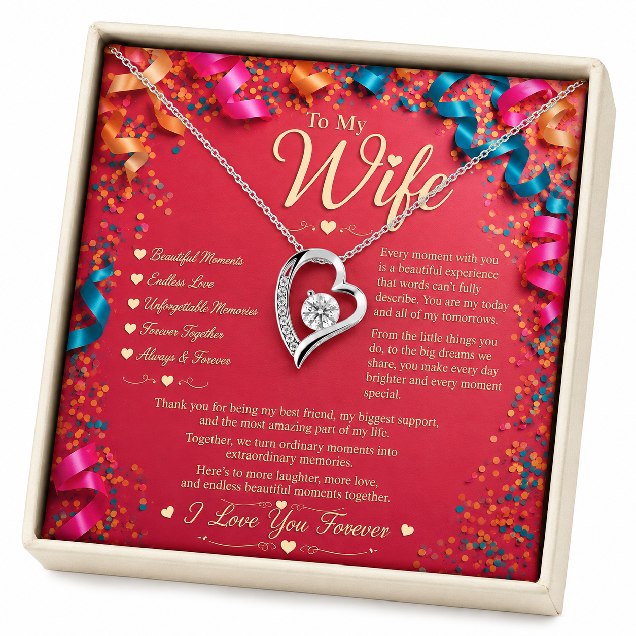 Rakva To My Wife Heart Necklace, Romantic Love Gift for Wife, Forever Love Gift for Her, Anniversary Gift