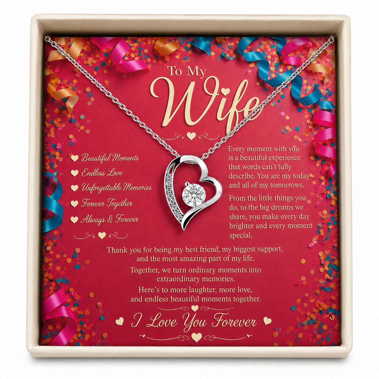 Rakva To My Wife Heart Necklace, Romantic Love Gift for Wife, Forever Love Gift for Her, Anniversary Gift