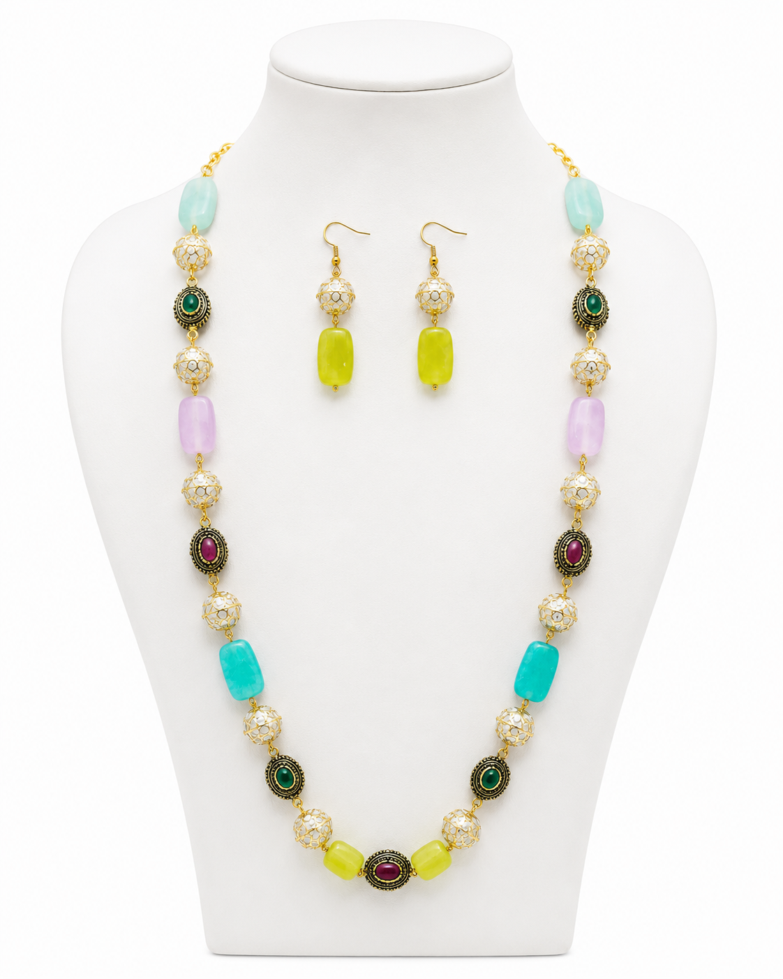 Antique Multi Color Beads Mala with earrings , natural stones necklace with earring