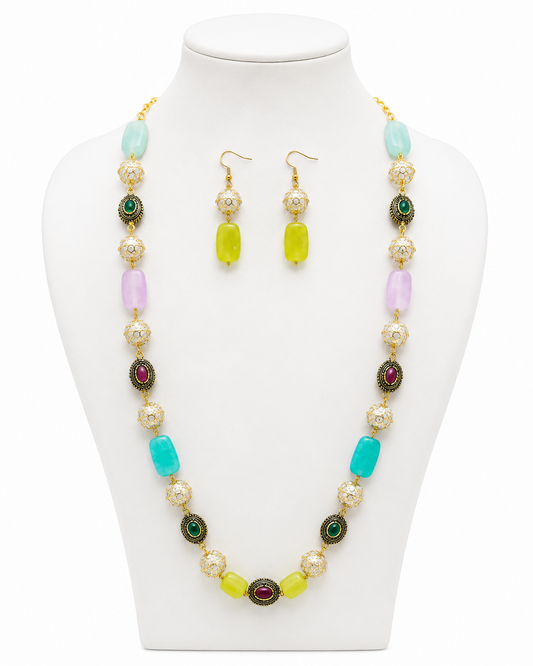 Antique Multi Color Beads Mala with earrings , natural stones necklace with earring