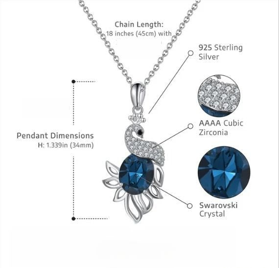 Sophisticated Splendor – Swarovski Crystal Peacock Necklace | 925 Silver Pendant Set by Rakva