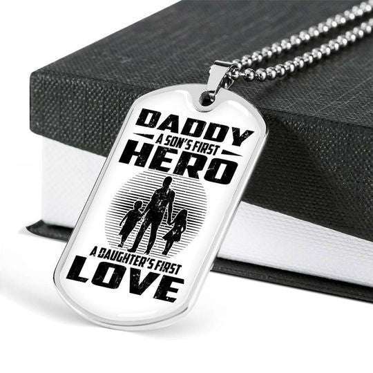 Dad Dog Tag Custom Picture Father’S Day, A Son’S First Hero A Daughter’S First Love Dog Tag Necklace For Dad Father's Day Rakva