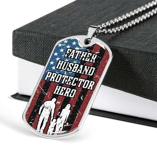 Dad Dog Tag Custom Picture Father’S Day, Father Husband Protector Hero Patriotic Dog Tag Necklace For Dad V1 Father's Day Rakva