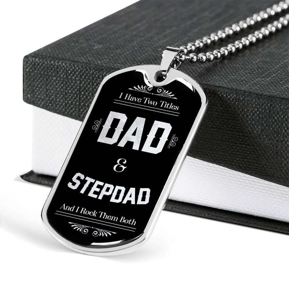 Dad Dog Tag Custom Picture Father’S Day Gift, I’Ve Two Titles Dad And Stepdad Dog Tag Military Chain Necklace For Dad Father's Day Rakva