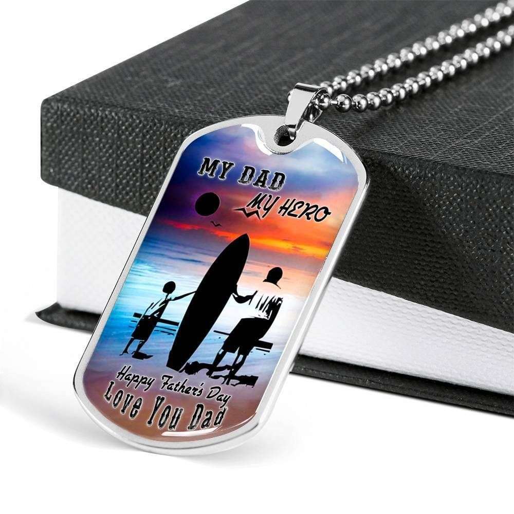 Dad Dog Tag Custom Picture Father’S Day Gift, My Dad My Hero Dog Tag Military Chain Necklace For Dad Surfer Dog Tag Father's Day Rakva