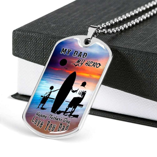 Dad Dog Tag Custom Picture Father’S Day Gift, My Dad My Hero Dog Tag Military Chain Necklace For Dad Surfer Father's Day Rakva