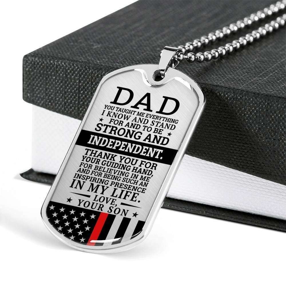 Dad Dog Tag Custom Picture Father’S Day Gift, Red Line Son Present For Dad Silver Dog Tag Military Chain Necklace Strong And Independent Father's Day Rakva