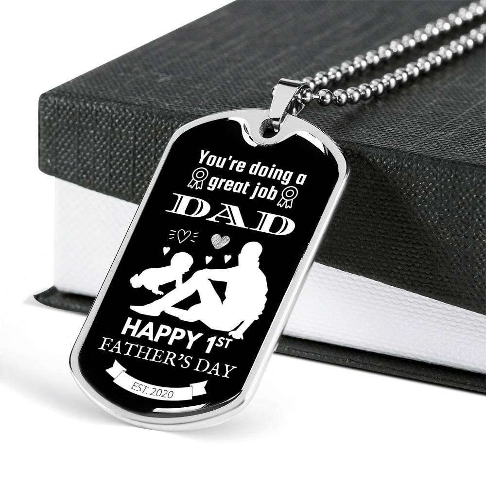 Dad Dog Tag Custom Picture Father’S Day Gift, You’Re Doing A Great Job Dad Happy Father’S Day Dog Tag Military Chain Necklace For Dad Father's Day Rakva