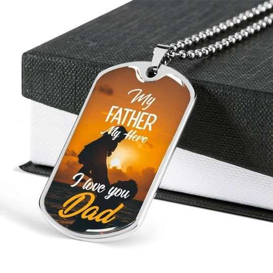 Dad Dog Tag Custom Picture Father’S Day, My Father My Hero I Love You Dog Tag Necklace For Dad Father's Day Rakva