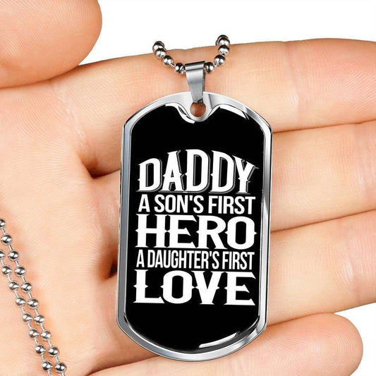 Dad Dog Tag Father’S Day Gift, Daddy Is Son’S First Hero Dog Tag Military Chain Necklace For Dad Dog Tag Father's Day Rakva