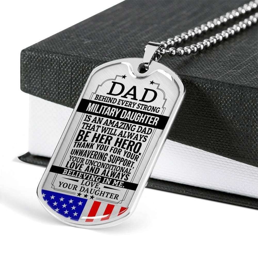 Dad Dog Tag Father’S Day Gift, Military Daughter Gift For Dad Silver Dog Tag Military Chain Necklace Always Be Her Hero Father's Day Rakva