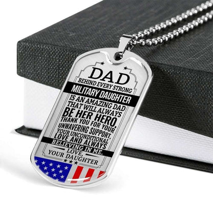 Dad Dog Tag Father’S Day Gift, Military Daughter Gift For Dad Silver Dog Tag Military Chain Necklace Always Be Her Hero Father's Day Rakva