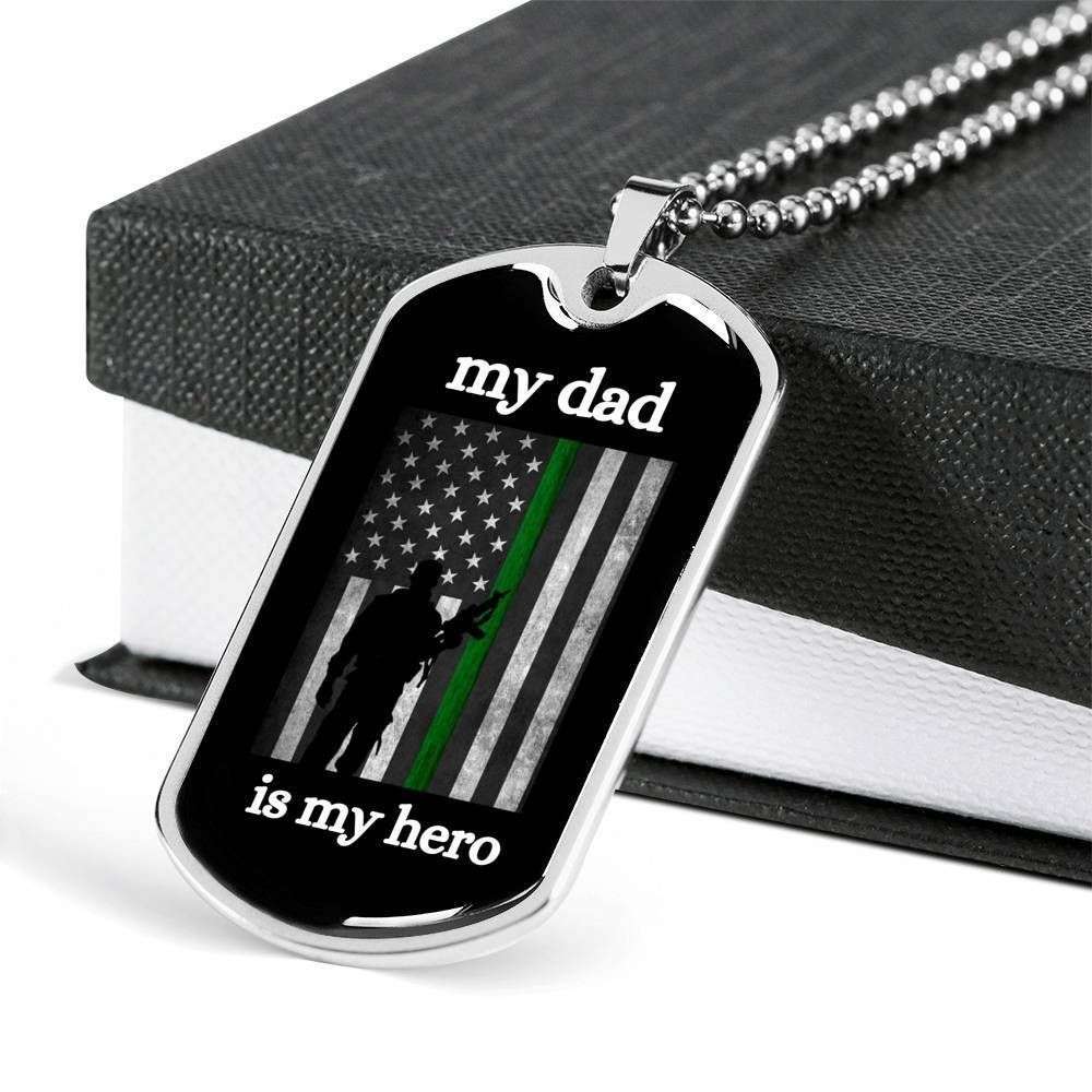 Dad Dog Tag Father’S Day Gift, My Dad Is My Hero Thin Green Line Dog Tag Military Chain Necklace For Dad Father's Day Rakva