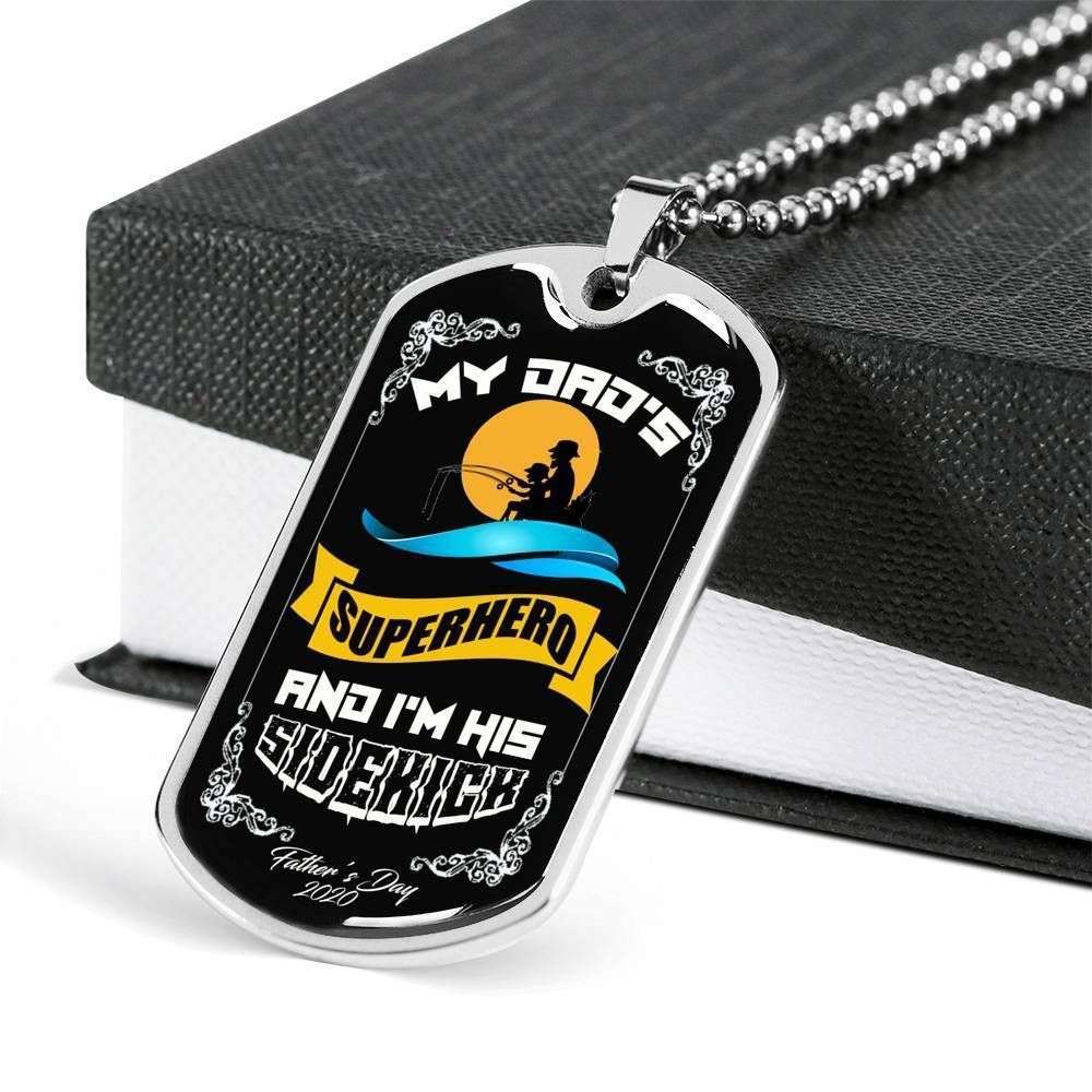 Dad Dog Tag Father’S Day Gift, My Dad’S Superhero And I’M His Sidekick Dog Tag Military Chain Necklace Father's Day Rakva
