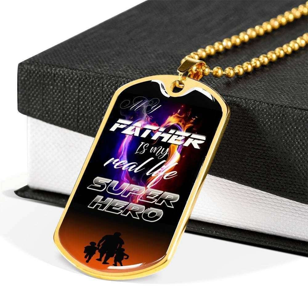 Dad Dog Tag Father’S Day Gift, My Father Is My Real Life Super Hero Dog Tag Military Chain Necklace For Dad Father's Day Rakva