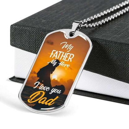 Dad Dog Tag Father’S Day Gift, My Father My Hero I Love You Dog Tag Military Chain Necklace For Dad Father's Day Rakva