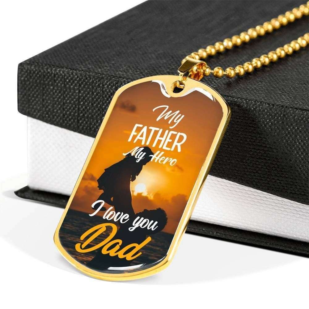 Dad Dog Tag Father’S Day Gift, My Father My Hero I Love You Dog Tag Military Chain Necklace For Dad Father's Day Rakva