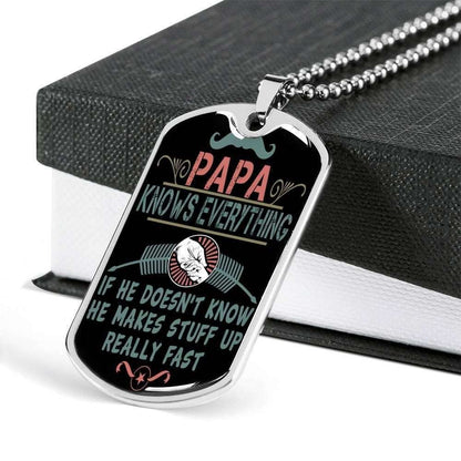 Dad Dog Tag Father’S Day Gift, Papa Knows Everything Dog Tag Military Chain Necklace For Dad Father's Day Rakva