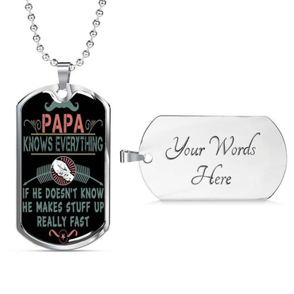 Dad Dog Tag Father’S Day Gift, Papa Knows Everything Dog Tag Military Chain Necklace For Dad Father's Day Rakva