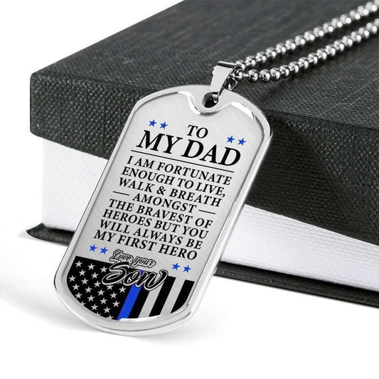 Dad Dog Tag Father’S Day Gift, Police Officer’S Dad First Hero Love Son Dog Tag Military Chain Necklace Custom Engraved Father's Day Rakva