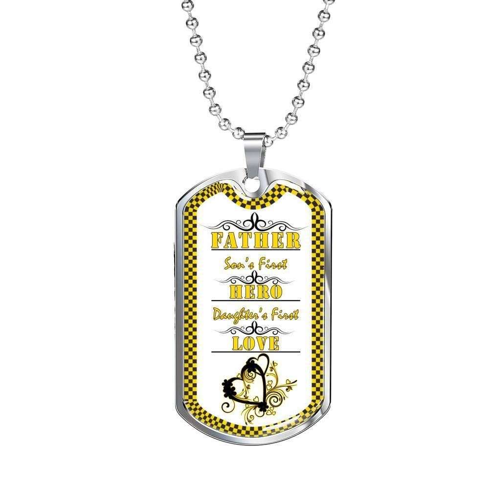 Dad Dog Tag Father’S Day Gift, Son’S Hero Daughter’S First Love Dog Tag Military Chain Necklace Gift For Father Father's Day Rakva