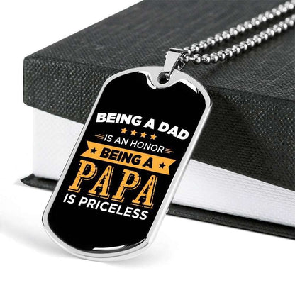 Grandfather Dog Tag, Custom Being Papa Is Priceless Dog Tag Military Chain Necklace Gift For Dad Dog Tag Father's Day Rakva