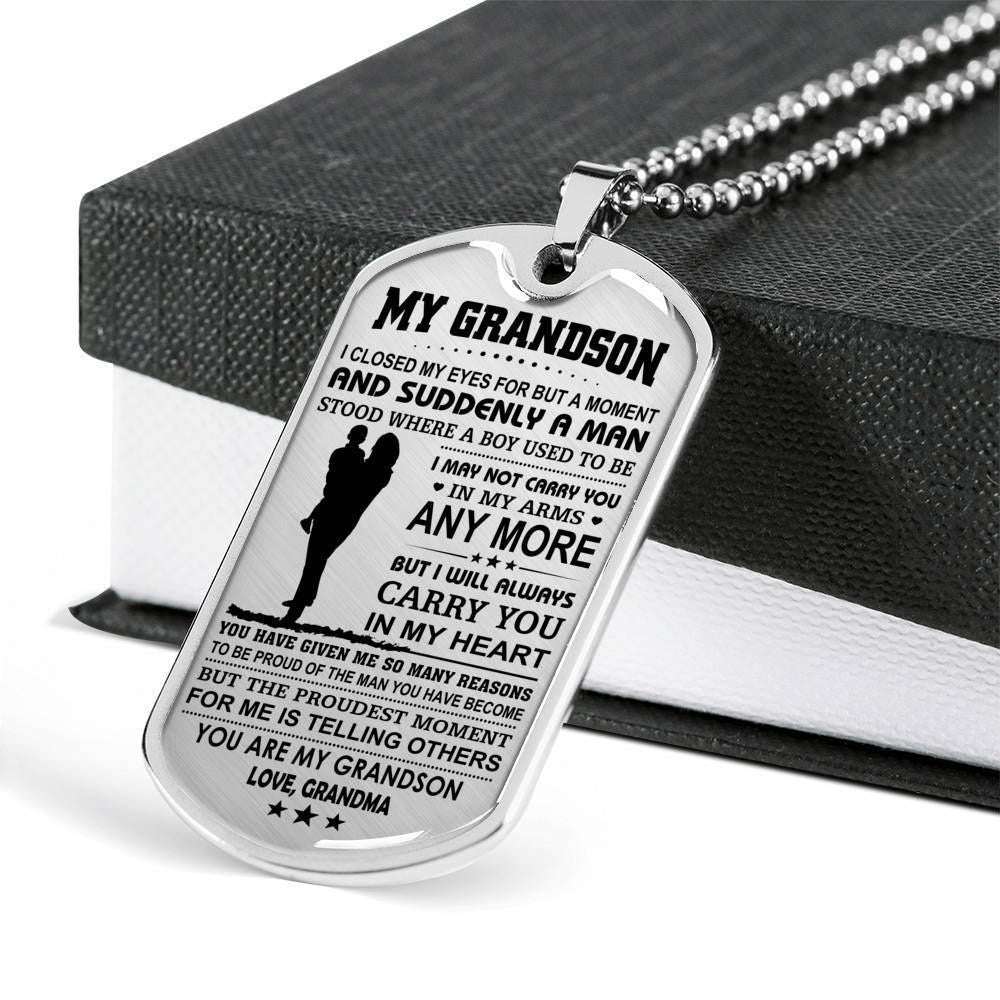 Grandmother Dog Tag, Custom Picture Grandma Giving Grandson You Are My Grandson Dog Tag Military Chain Necklace Dog Tag Gifts for Grandmother Rakva