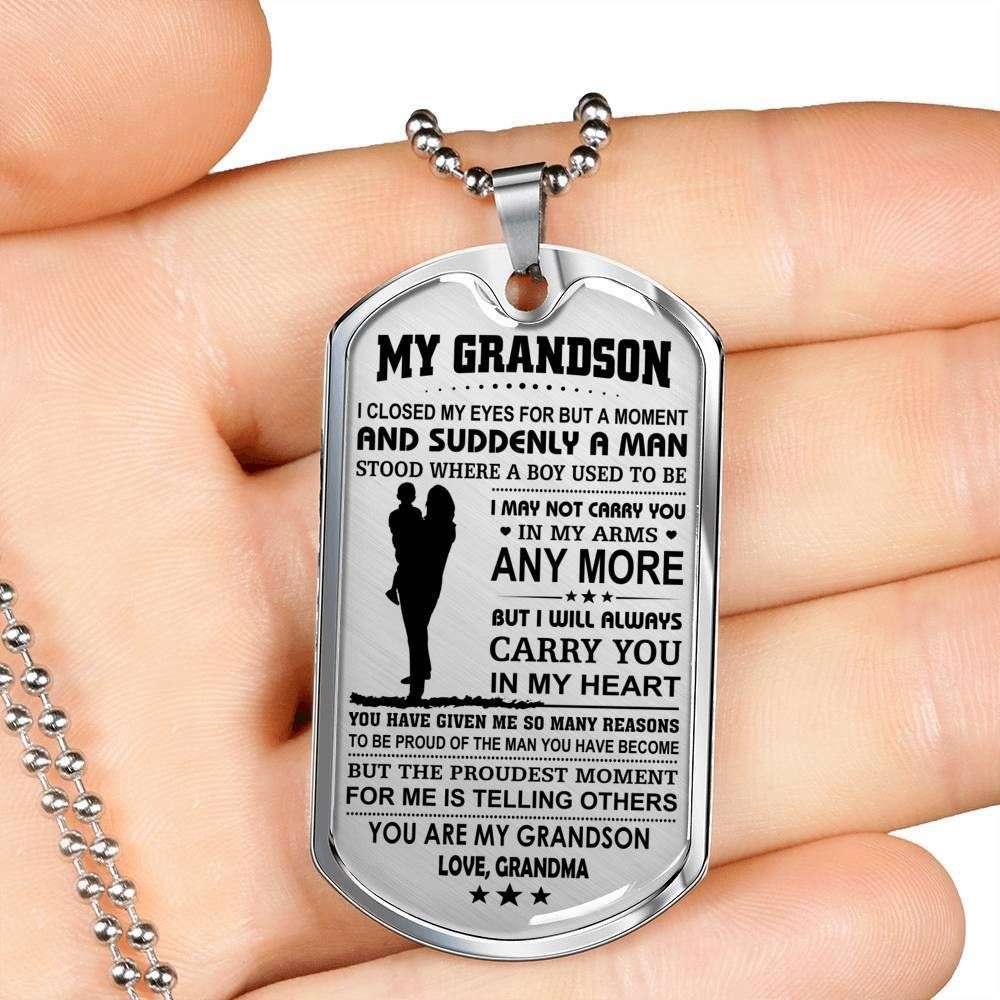 Grandmother Dog Tag, Custom Picture Grandma Giving Grandson You Are My Grandson Dog Tag Military Chain Necklace Dog Tag Gifts for Grandmother Rakva